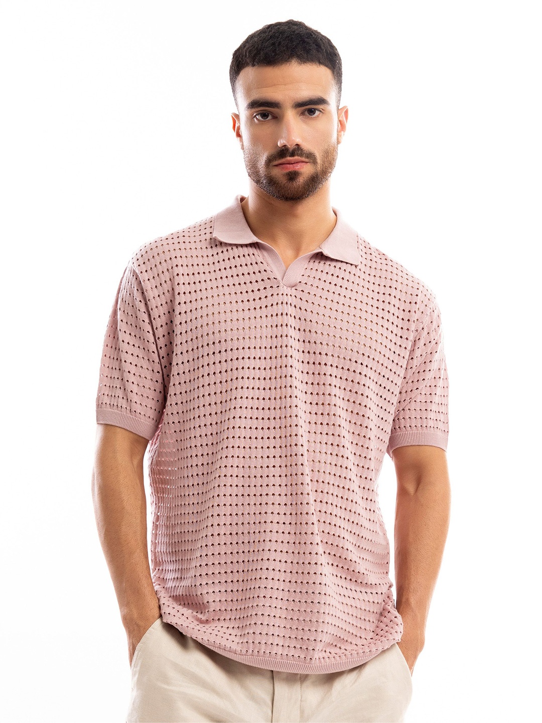 

Beyoung Men Printed Polo Collar Pockets T-shirt, Pink