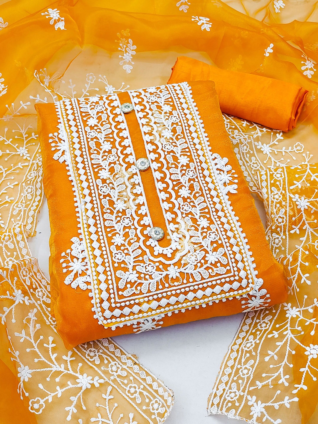 

SAINOOR Floral Embroidered Organza Semi-Stitched Dress Material, Orange