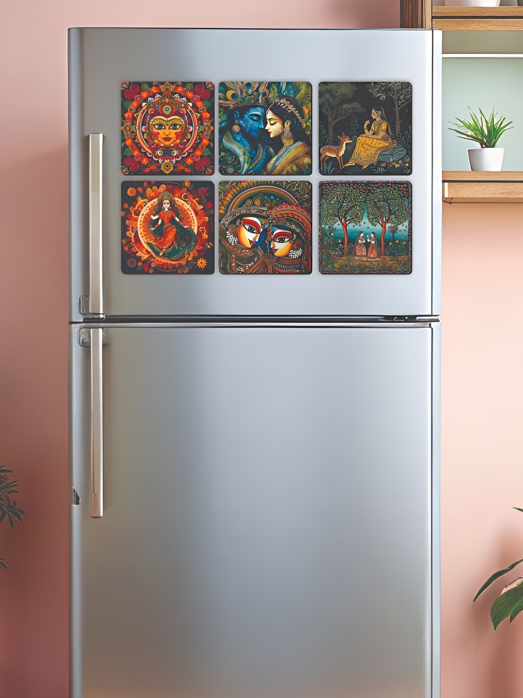 

CVANU Red & Beige Printed Wooden Magnetic Sticker, Multi