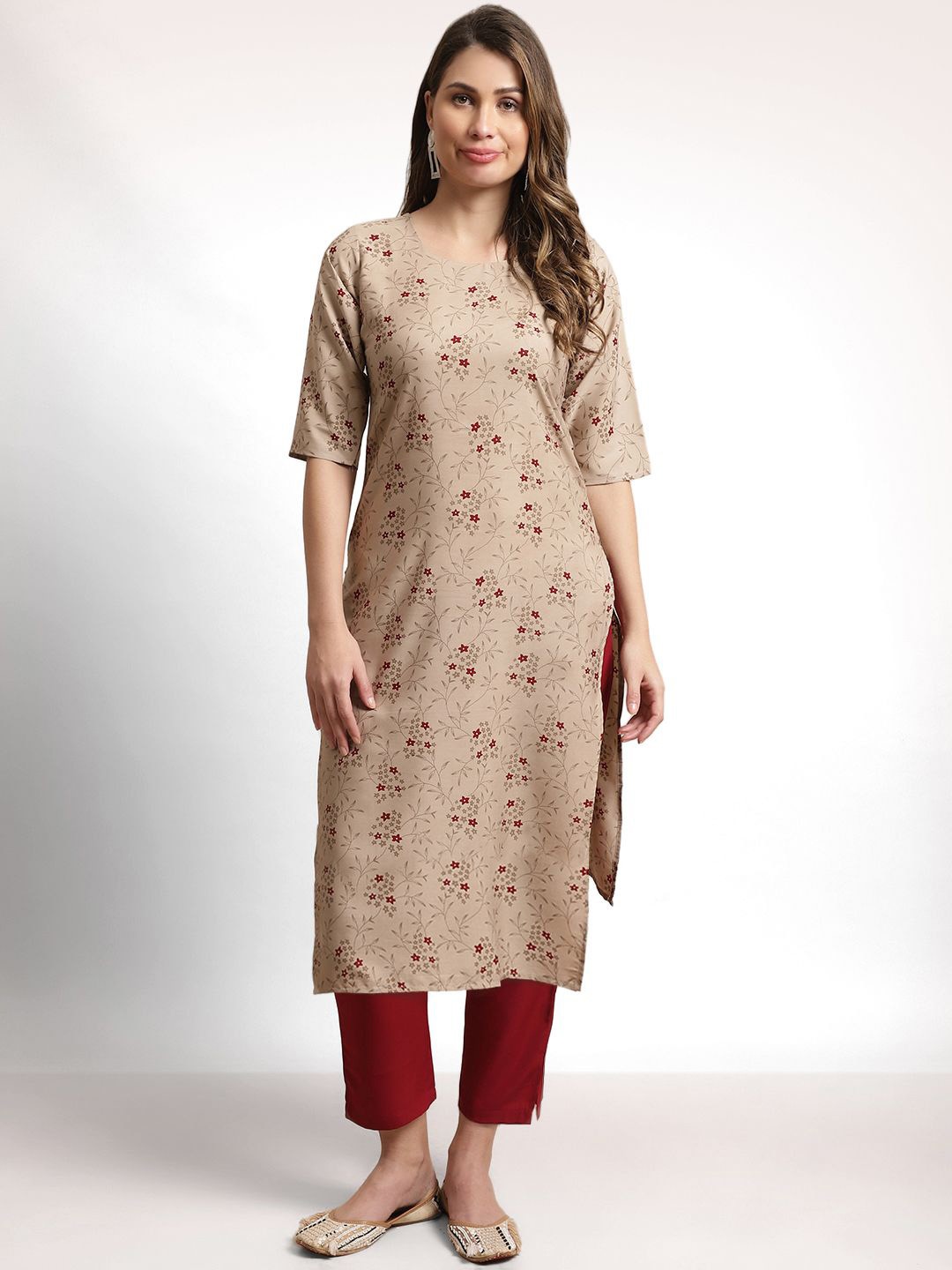 

Moda Rapido Beige & Maroon Floral Printed Straight Kurta with Trousers