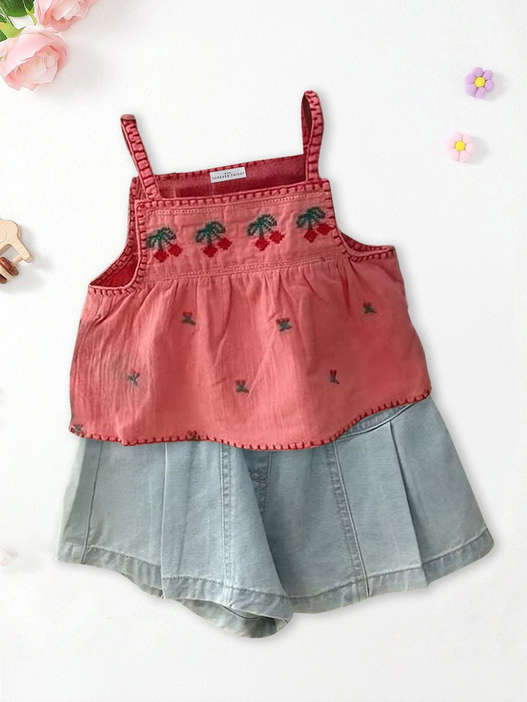 

FOREVER FRIDAY Girls Embroidered Sleeveless Pure Cotton Top With Shorts, Pink