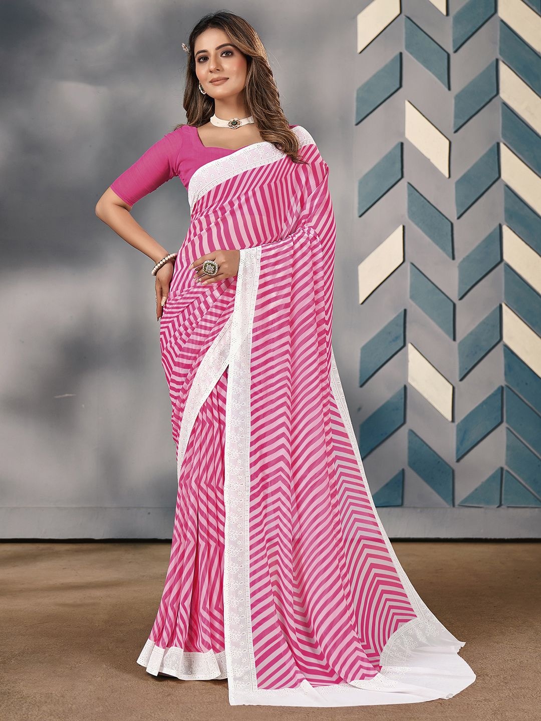 

Mitera Striped Beads and Stones Poly Georgette Saree, Pink