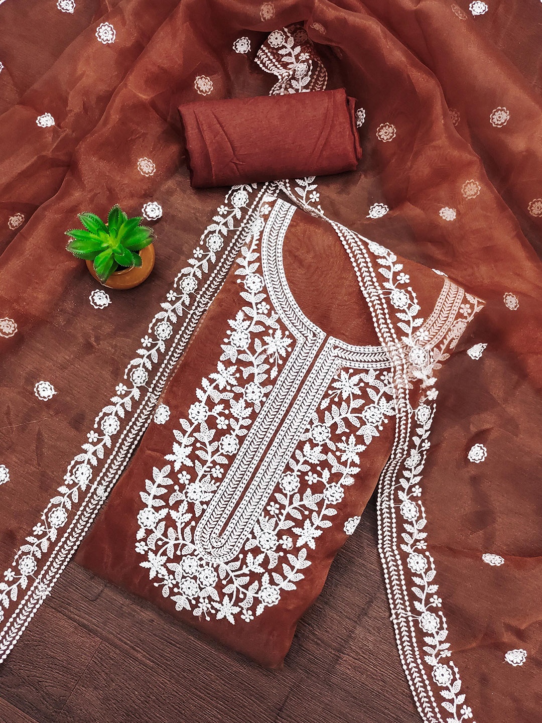 

SAINOOR Floral Embroidered Organza Unstitched Dress Material, Rust