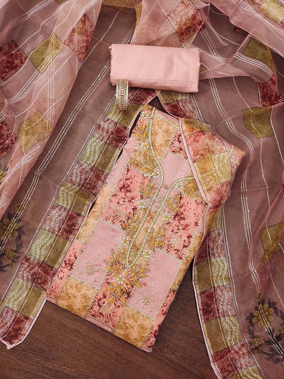 

SAINOOR Embroidered Organza Semi-Stitched Dress Material, Peach