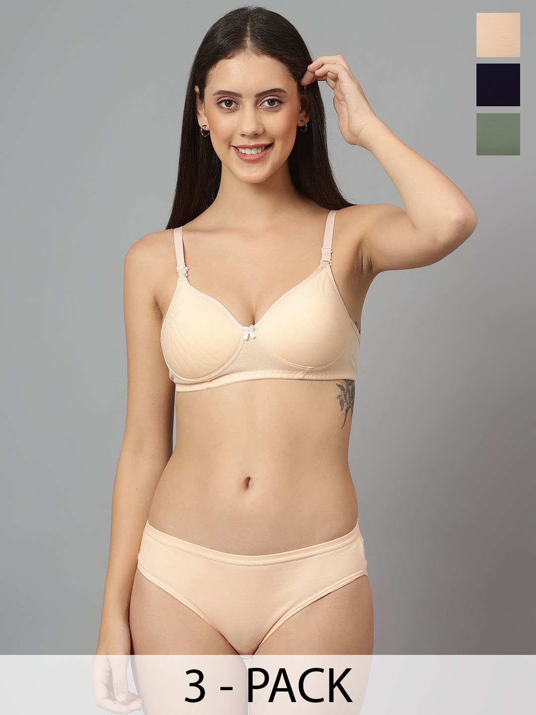 

Designer Bugs Pack Of 3 Cotton Non Padded Non Wired Lingerie Set NPLS-O-NB-PH-30B, Olive