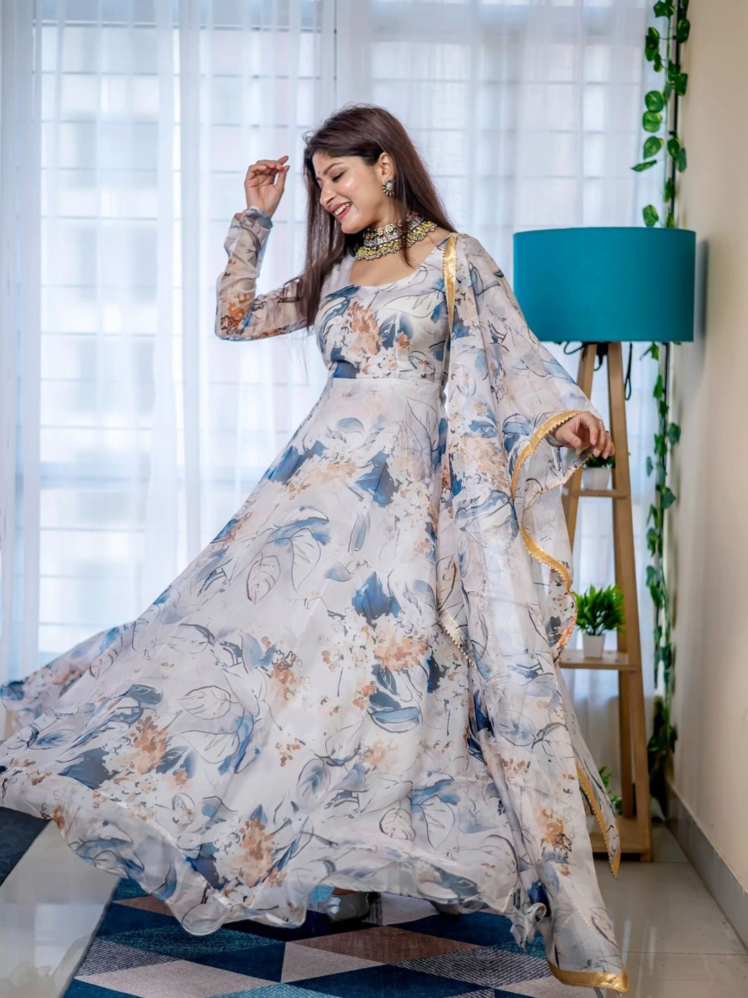 

Rinbin Floral Printed Maxi Fit & Flared Ethnic Dress With Dupatta, White