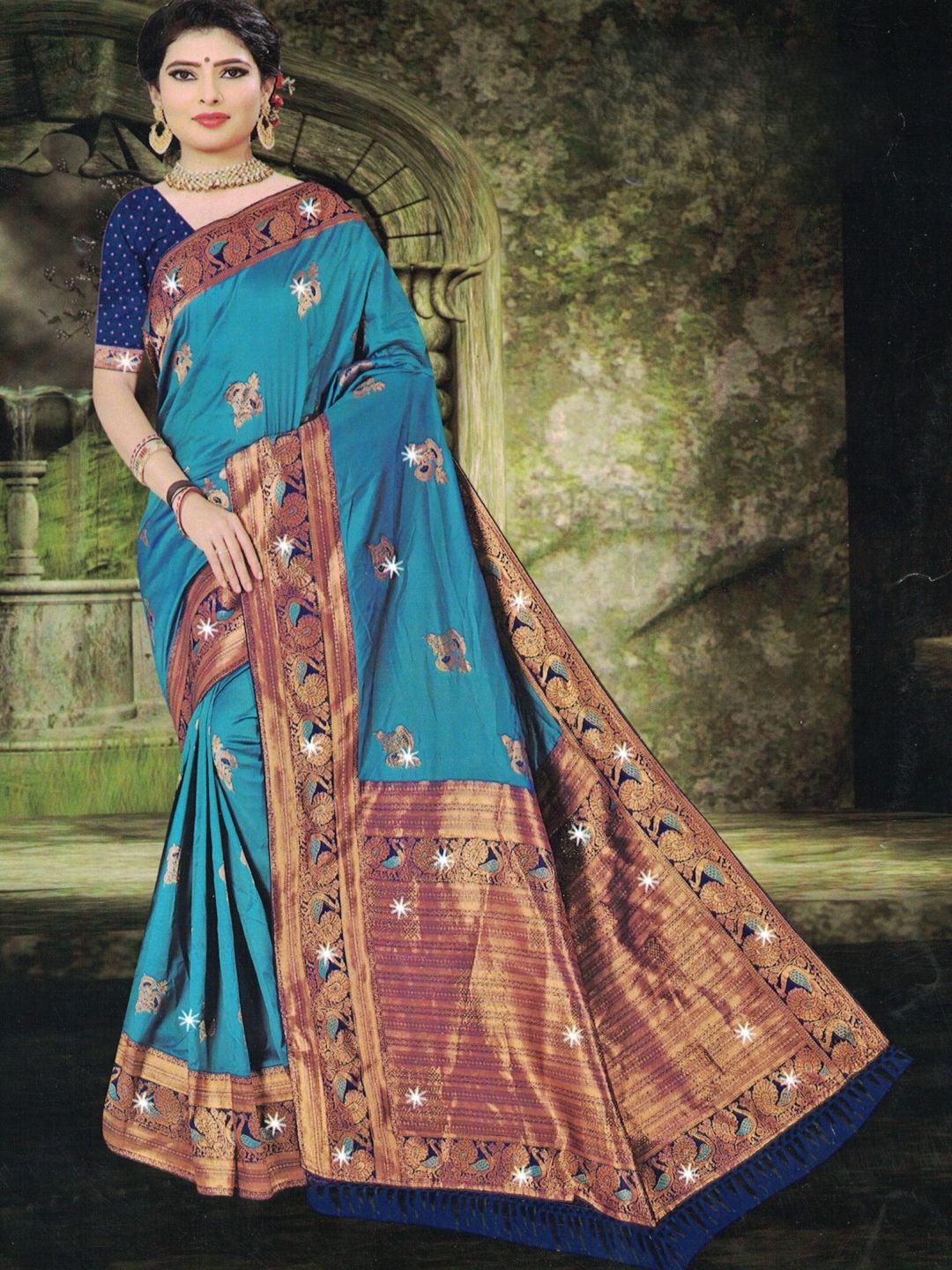 

SHOPPKEE Ethnic Motifs Zari Silk Blend Kanjeevaram Saree, Blue