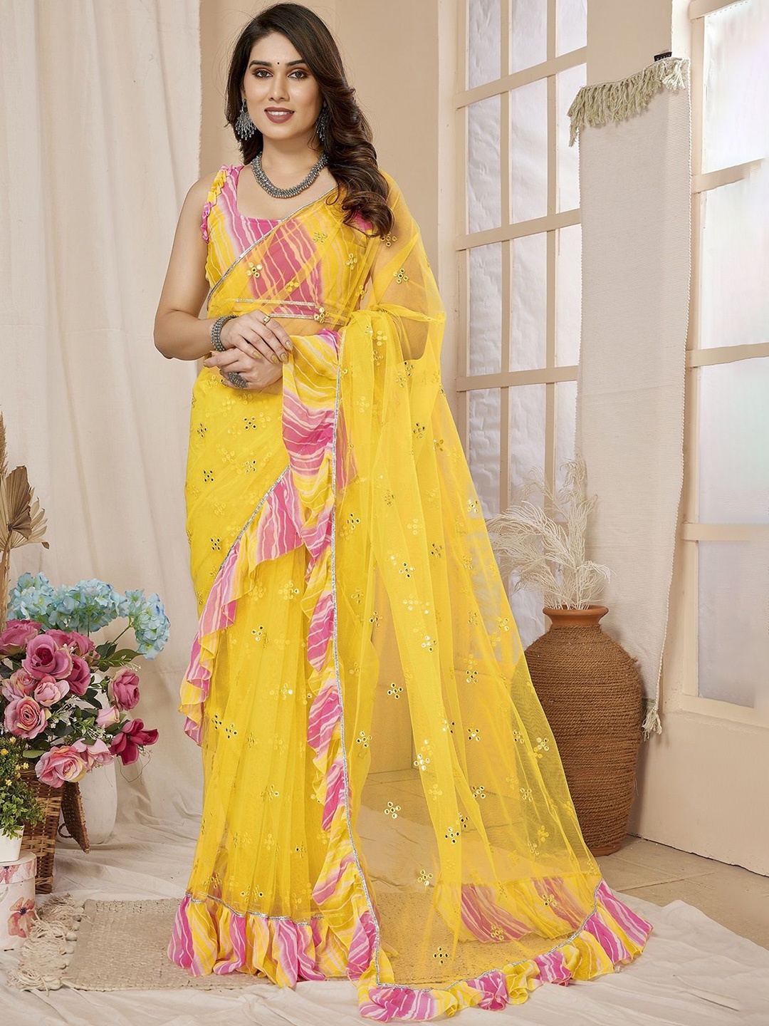 

Fashion FRICKS Ethnic Motifs Mirror Work Net Saree, Yellow