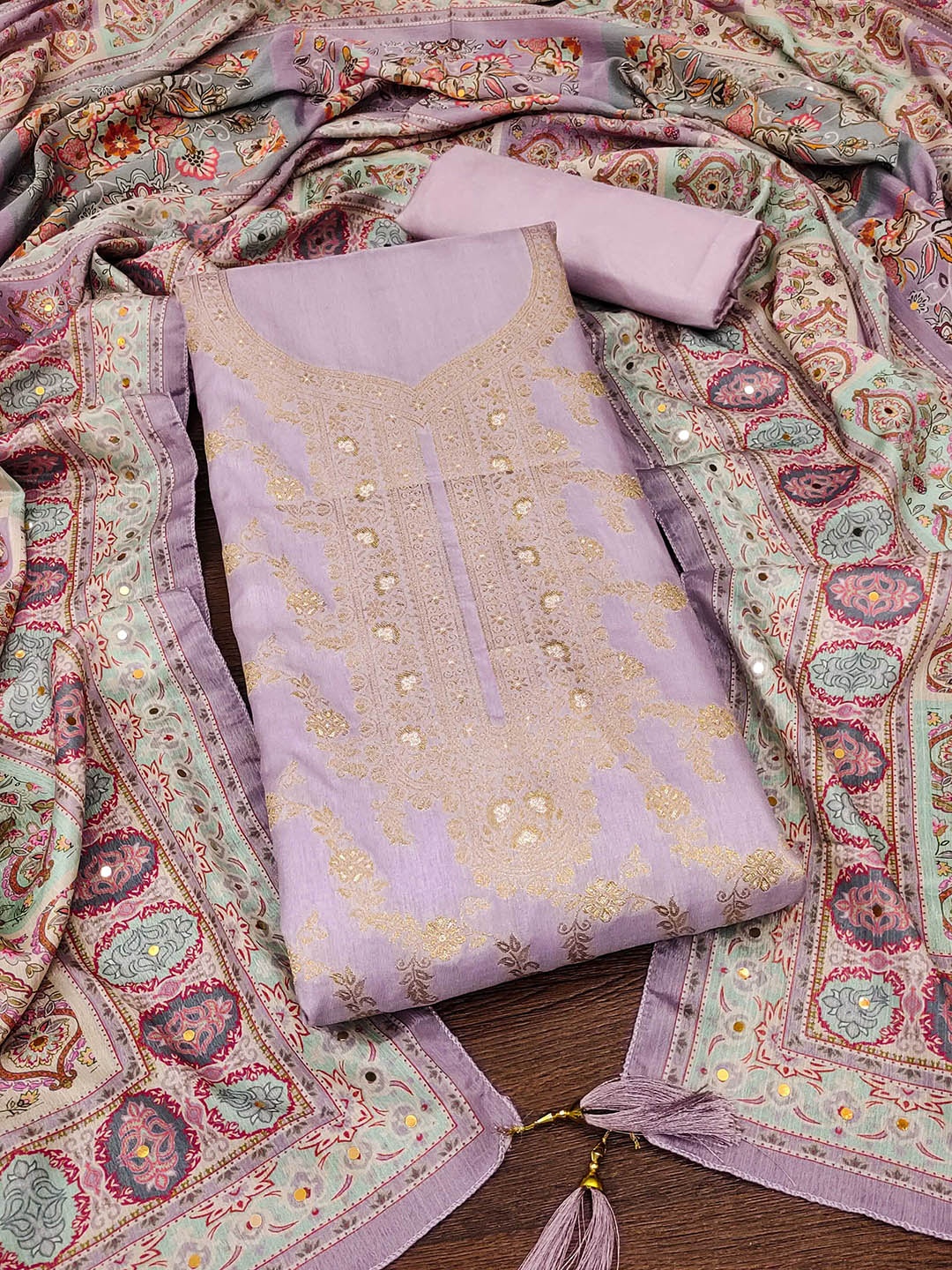 

SAINOOR Floral Embroidered Banarasi Jacquard Unstitched Dress Material, Lavender