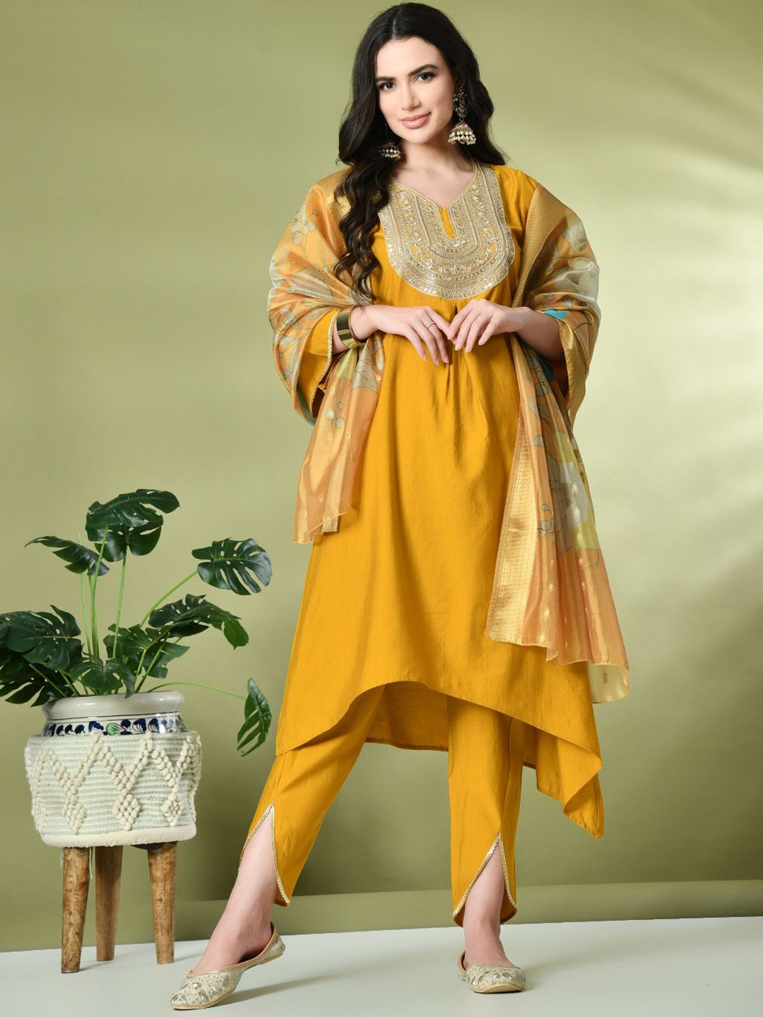 

KALINI Women Ethnic Motifs Embroidered Regular Kurta with Dhoti Pants & With Dupatta, Mustard