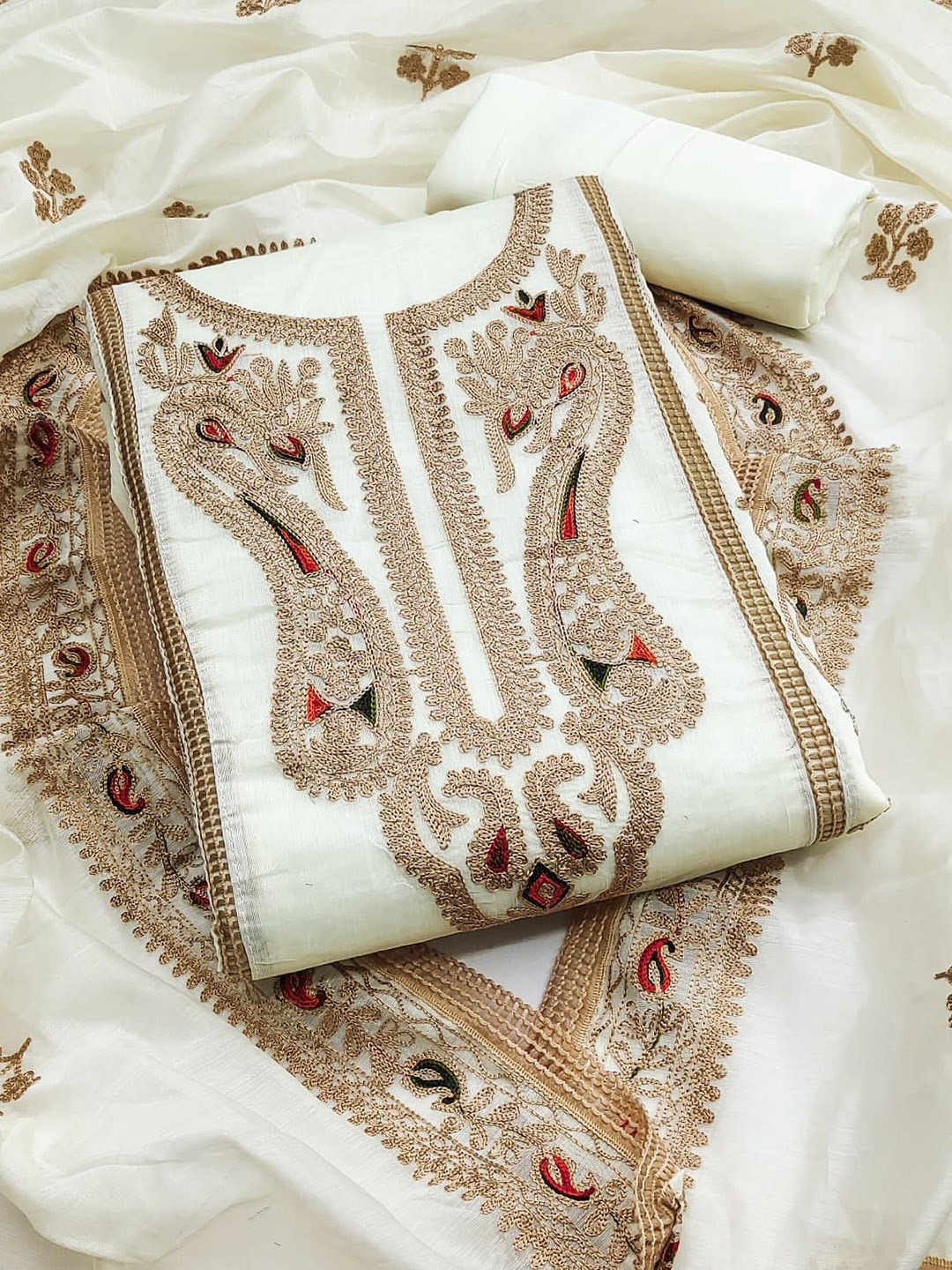 

BlissFlair Ethnic Motifs Zari Embellished Pure Cotton Unstitched Dress Material, White