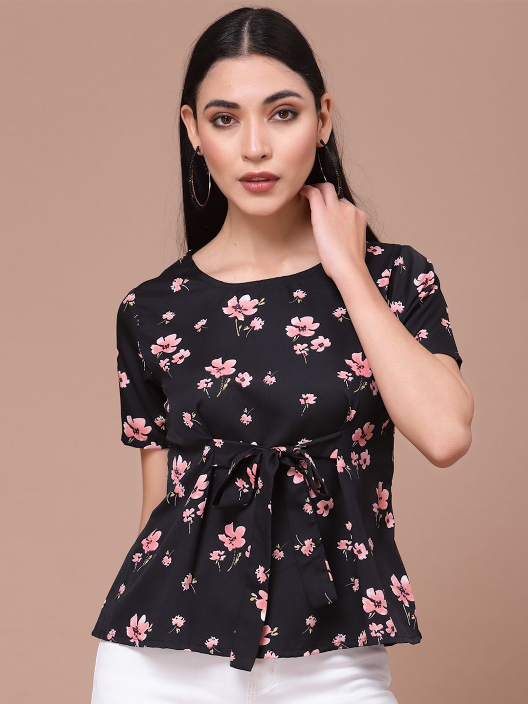 

Oomph! Floral Print Crepe Cinched Waist Top, Black