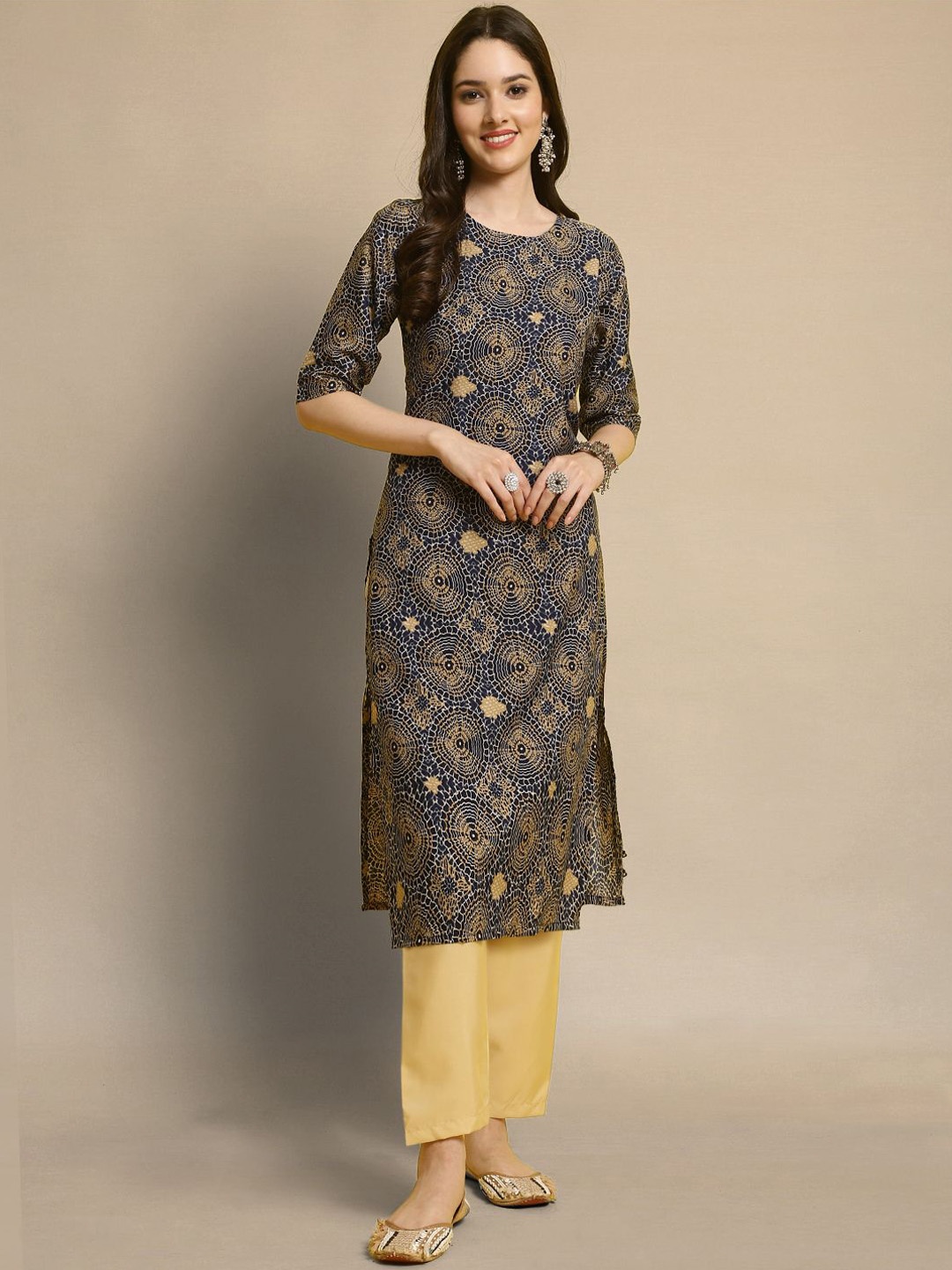 

Moda Rapido Blue & Mustard Yellow Ethnic Motifs Printed Straight Kurta with Trousers