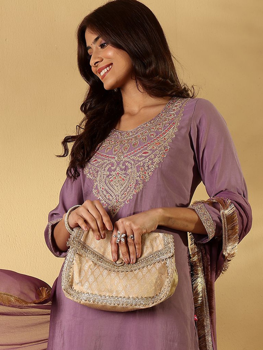 

House of Pataudi Floral Embroidered Straight Kurta With Trouser And Dupatta, Violet