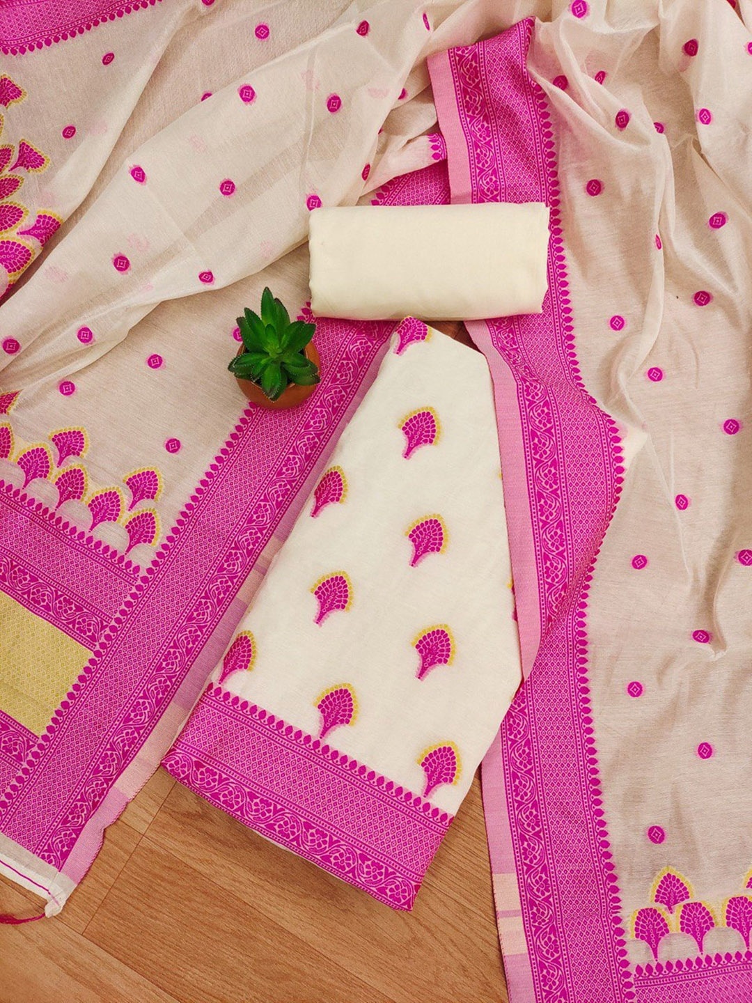 

Rangtulika Ethnic Motifs Woven Design Unstitched Dress Material, Pink