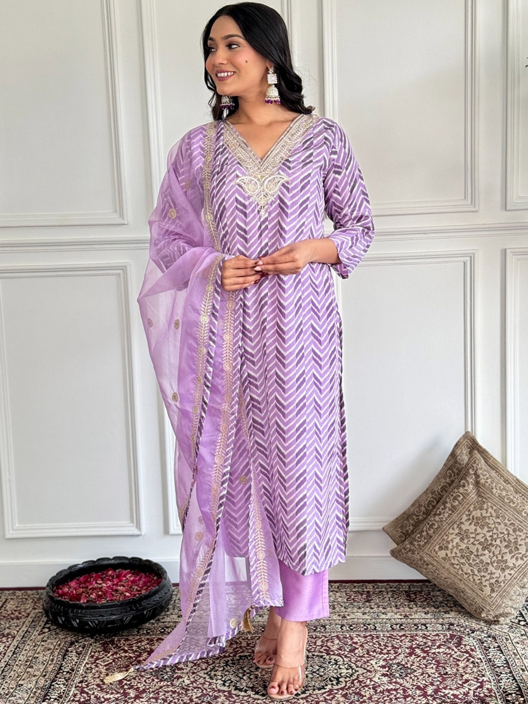 

NIZA FASHION Women Embroidered Regular Kurta with Trousers & With Dupatta, Lavender
