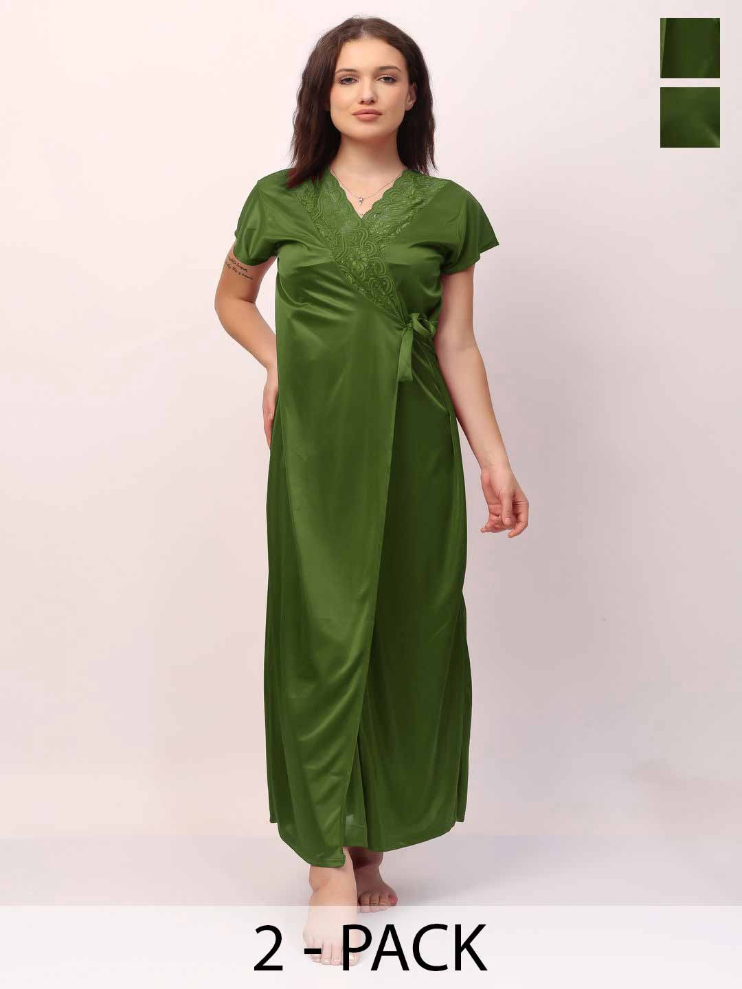 

CHUI MUI Women Pack of 2 Satin Maxi Wrap Nightdress, Green