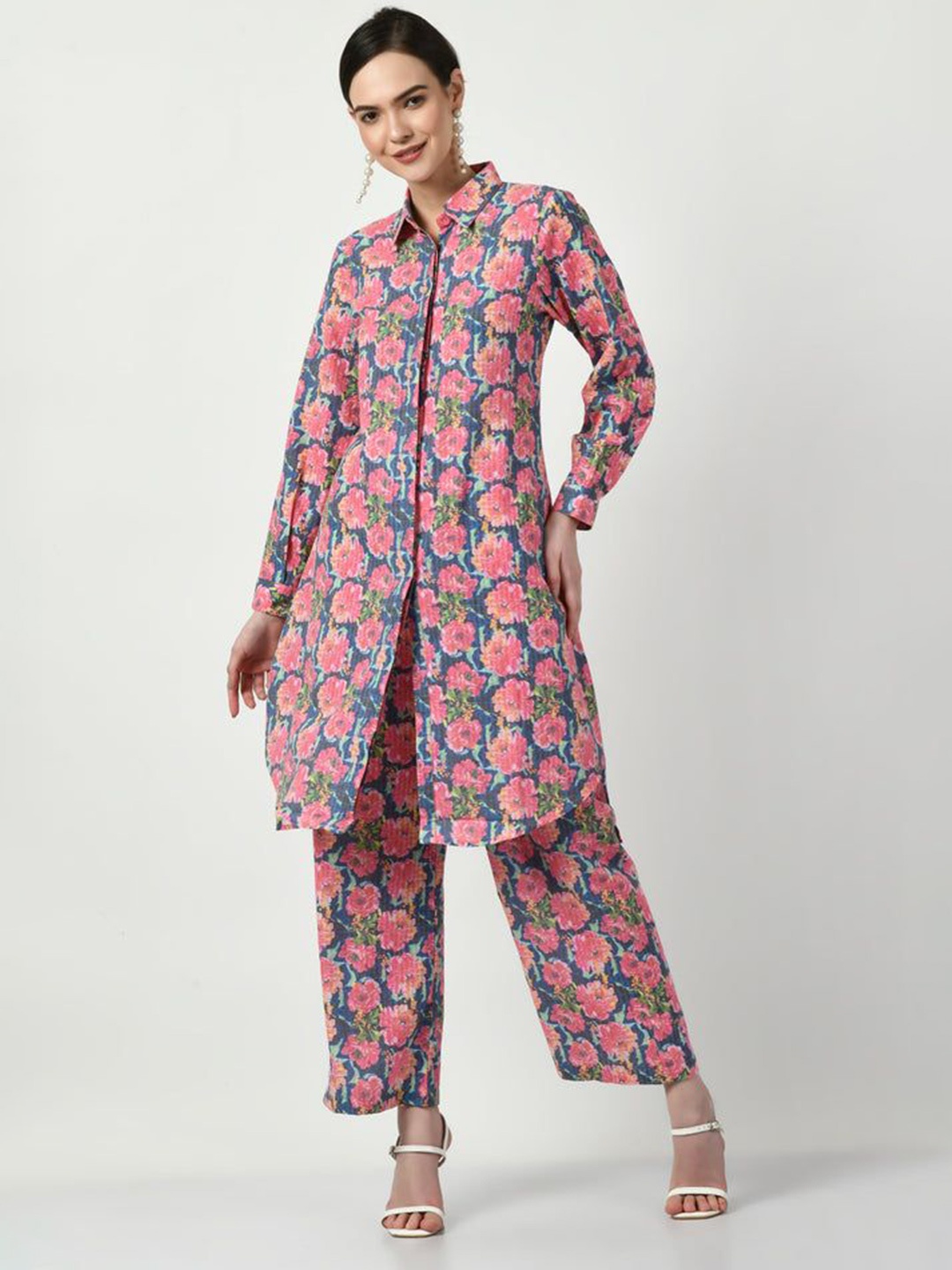 

SEEDS OF FUSION Floral Printed Shirt Collar Pure Cotton Kurti, Red