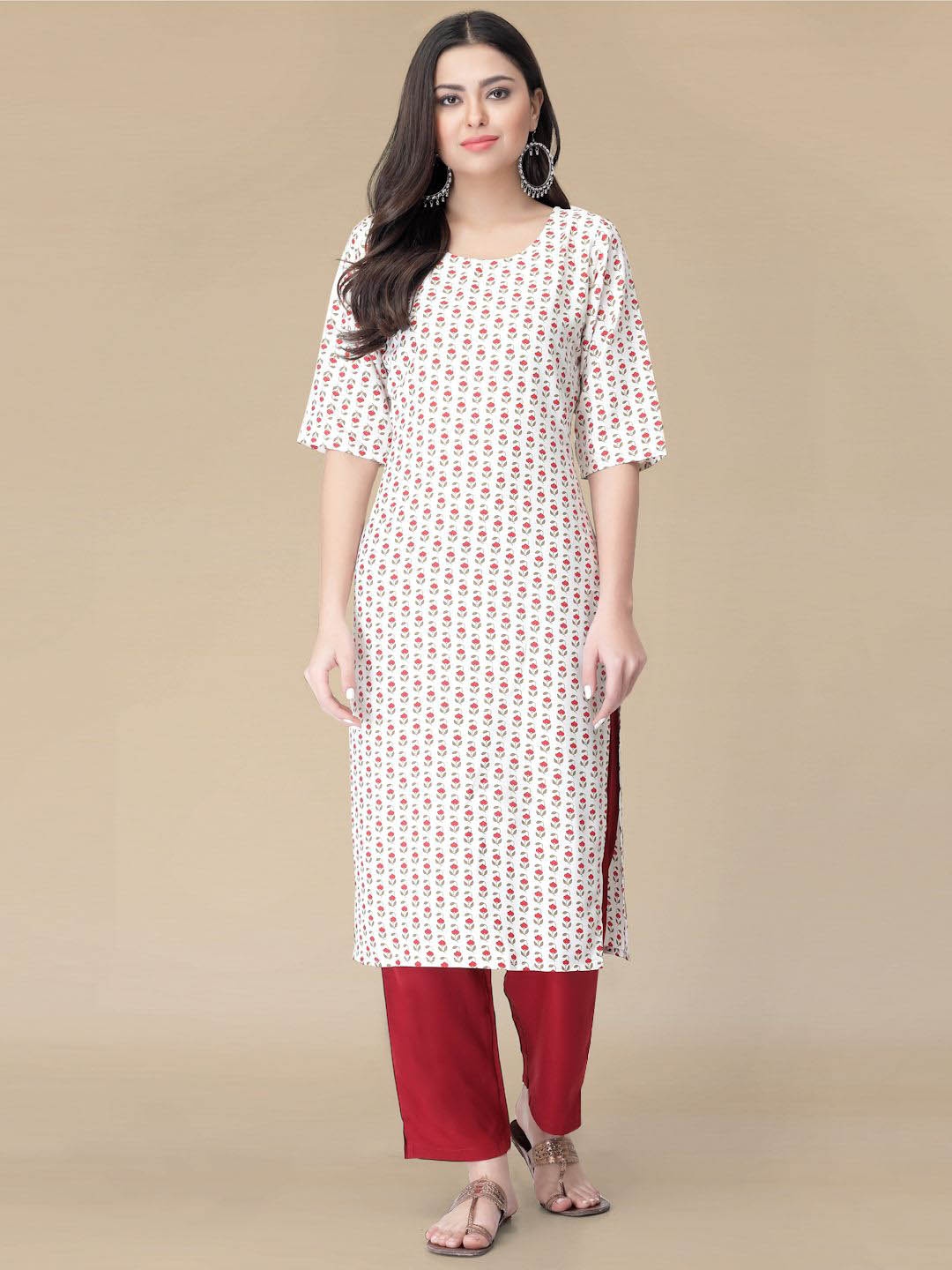 

Moda Rapido Floral Printed Round Neck Straight Kurta With Trousers, White
