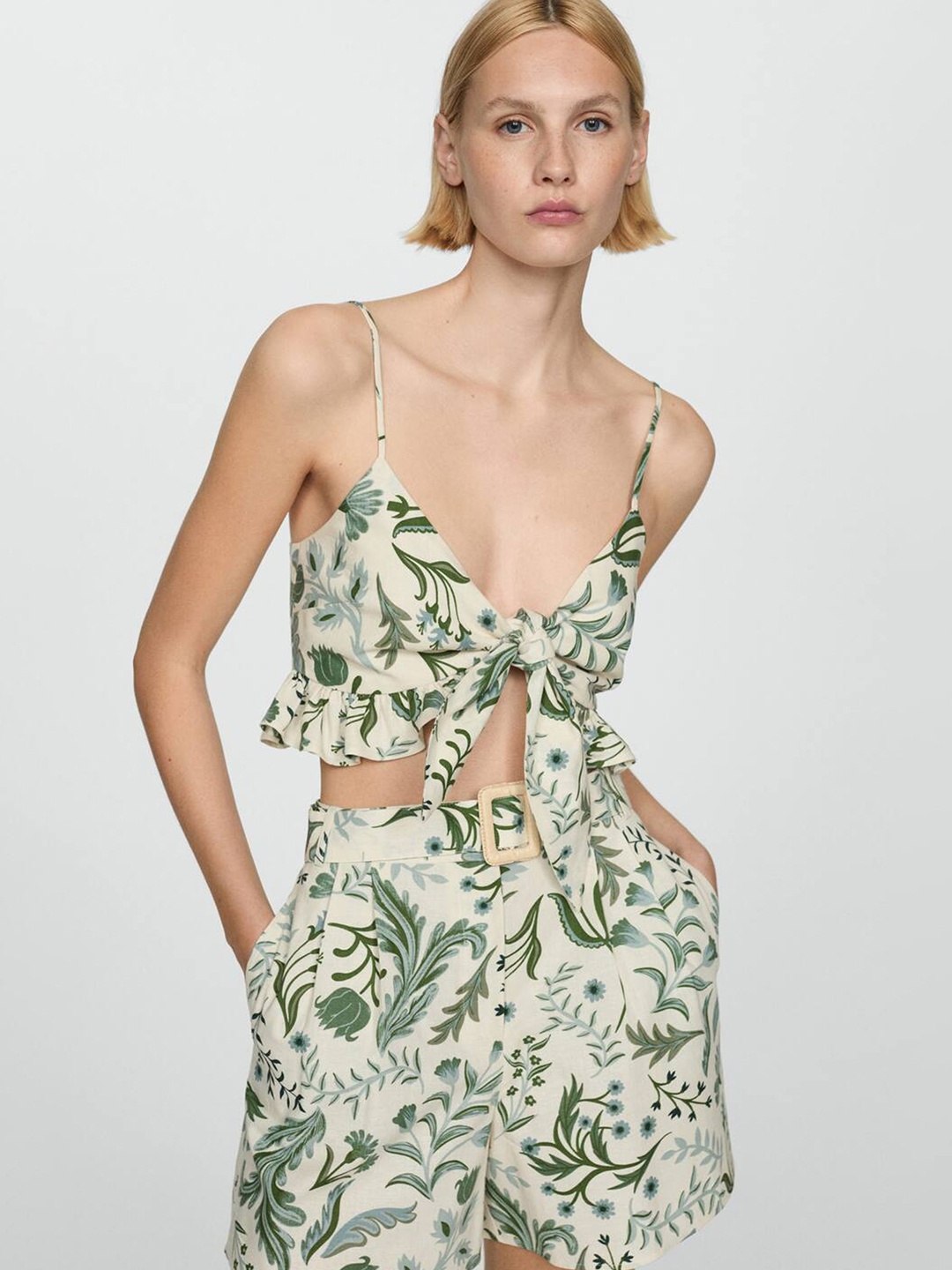 

MANGO Floral Print Shoulder Straps Tie Up Crop Top, Cream