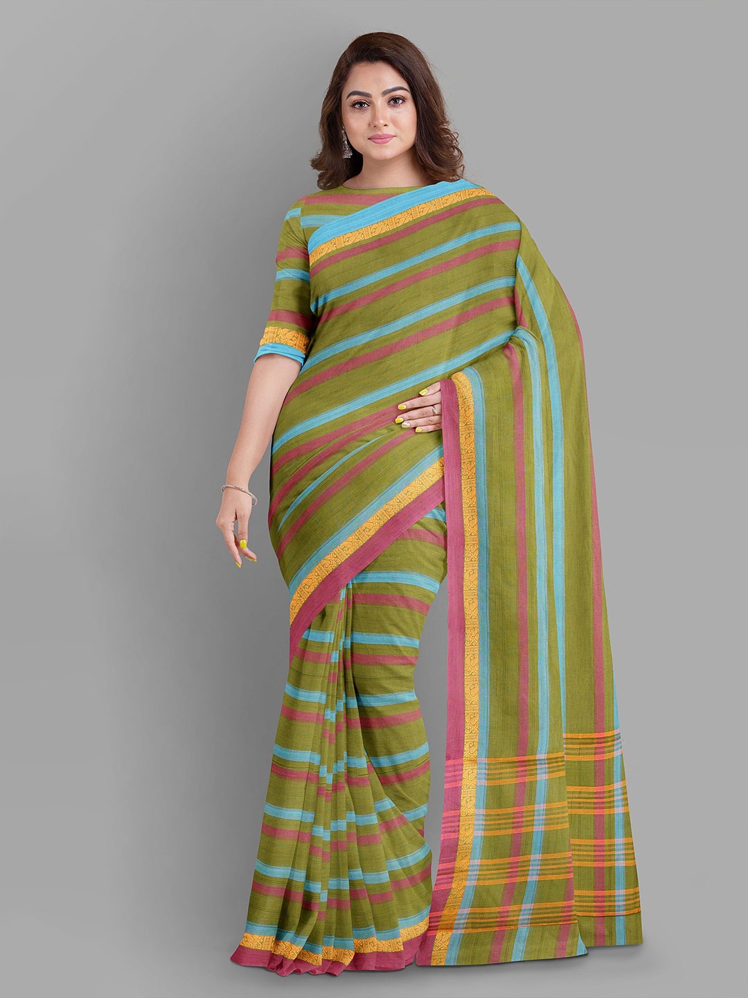 

The Chennai Silks Striped Pure Cotton Chettinad Saree, Olive