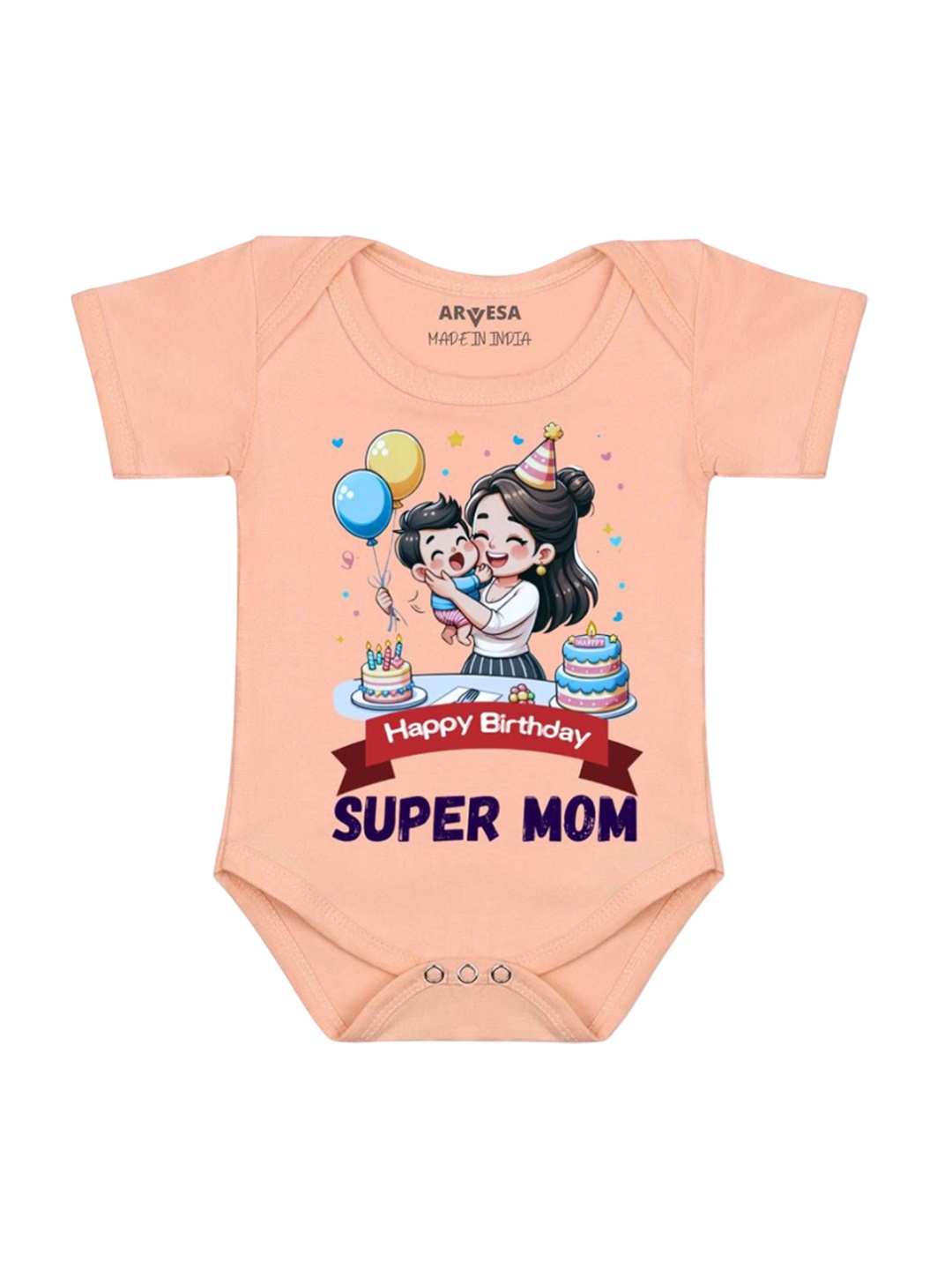 

Arvesa Happy Birthday Super Mom Printed Romper, Peach
