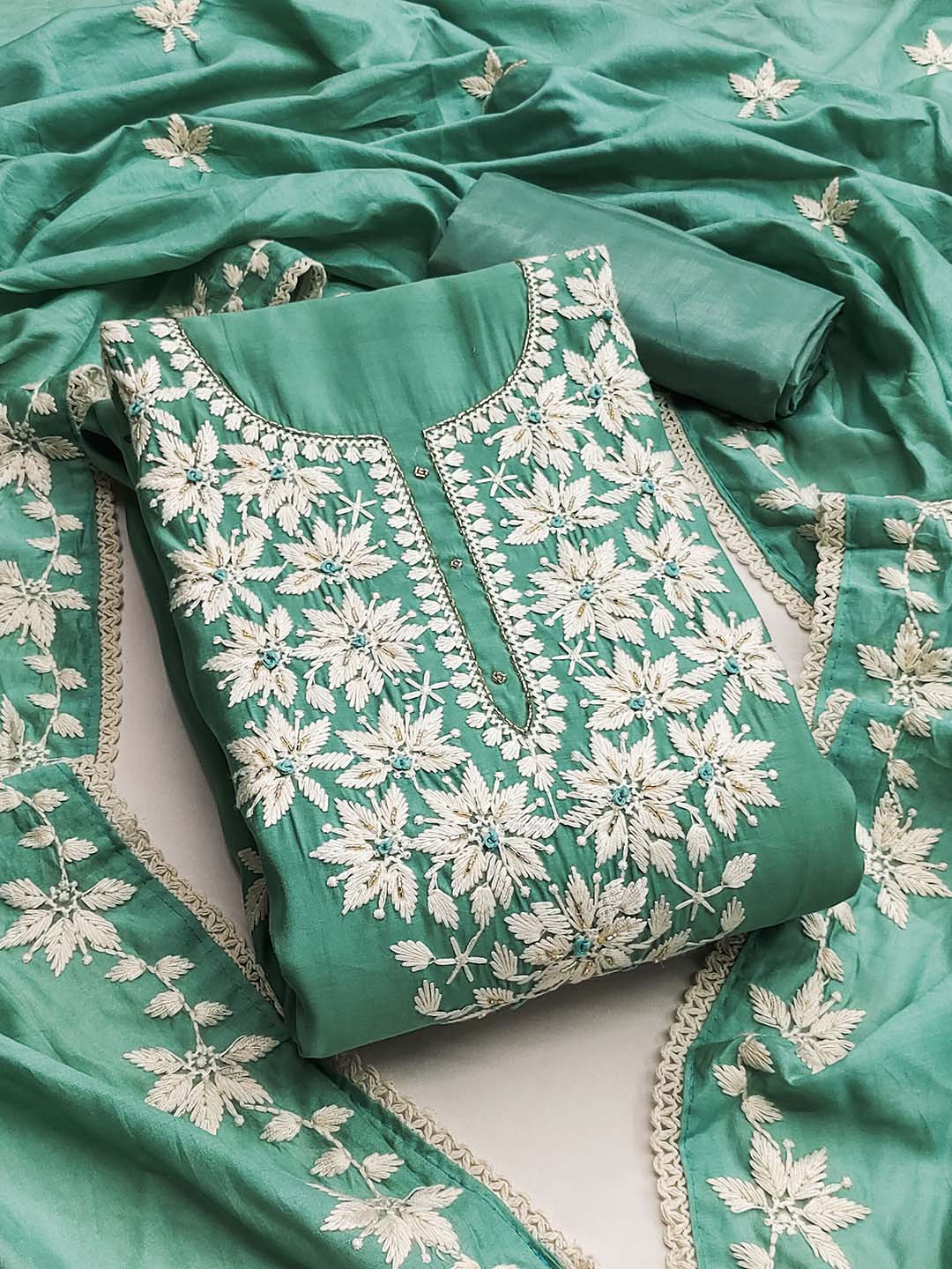 

SAINOOR Embroidered Thread Work Pure Silk Semi-Stitched Dress Material, Green