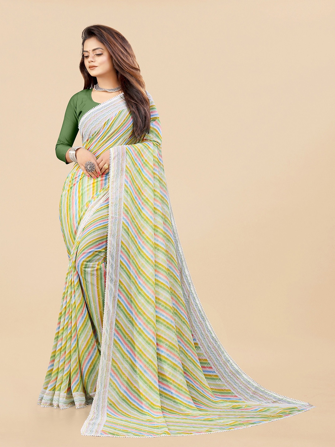 

Moda Rapido Striped Poly Georgette Designer Saree, Green