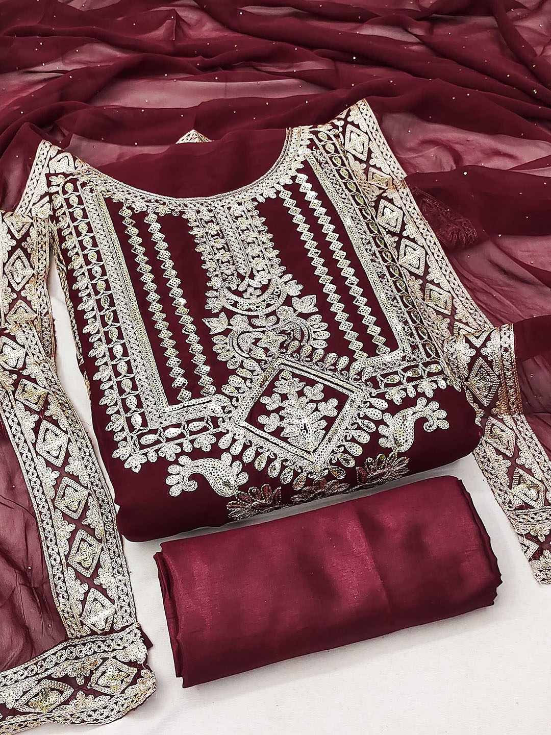 

SAINOOR Zari Ethnic Motifs Embroidered Silk Georgette Unstitched Dress Material, Maroon