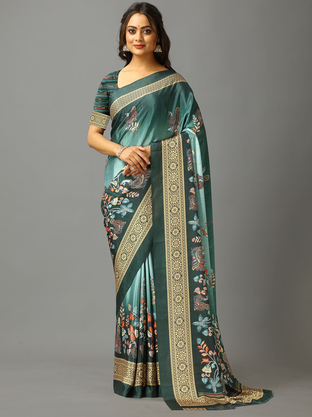 

A.V.M. SILK MILLS Floral Zari Pure Crepe Saree, Green
