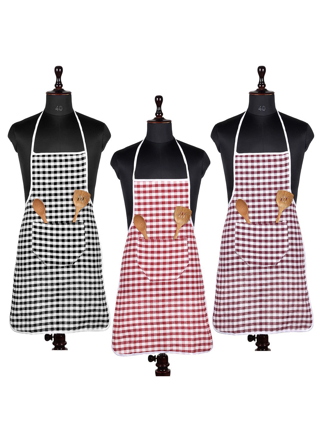

Kuber Industries Red & Maroon 3 Pieces Checked Cotton Front Pocket Aprons
