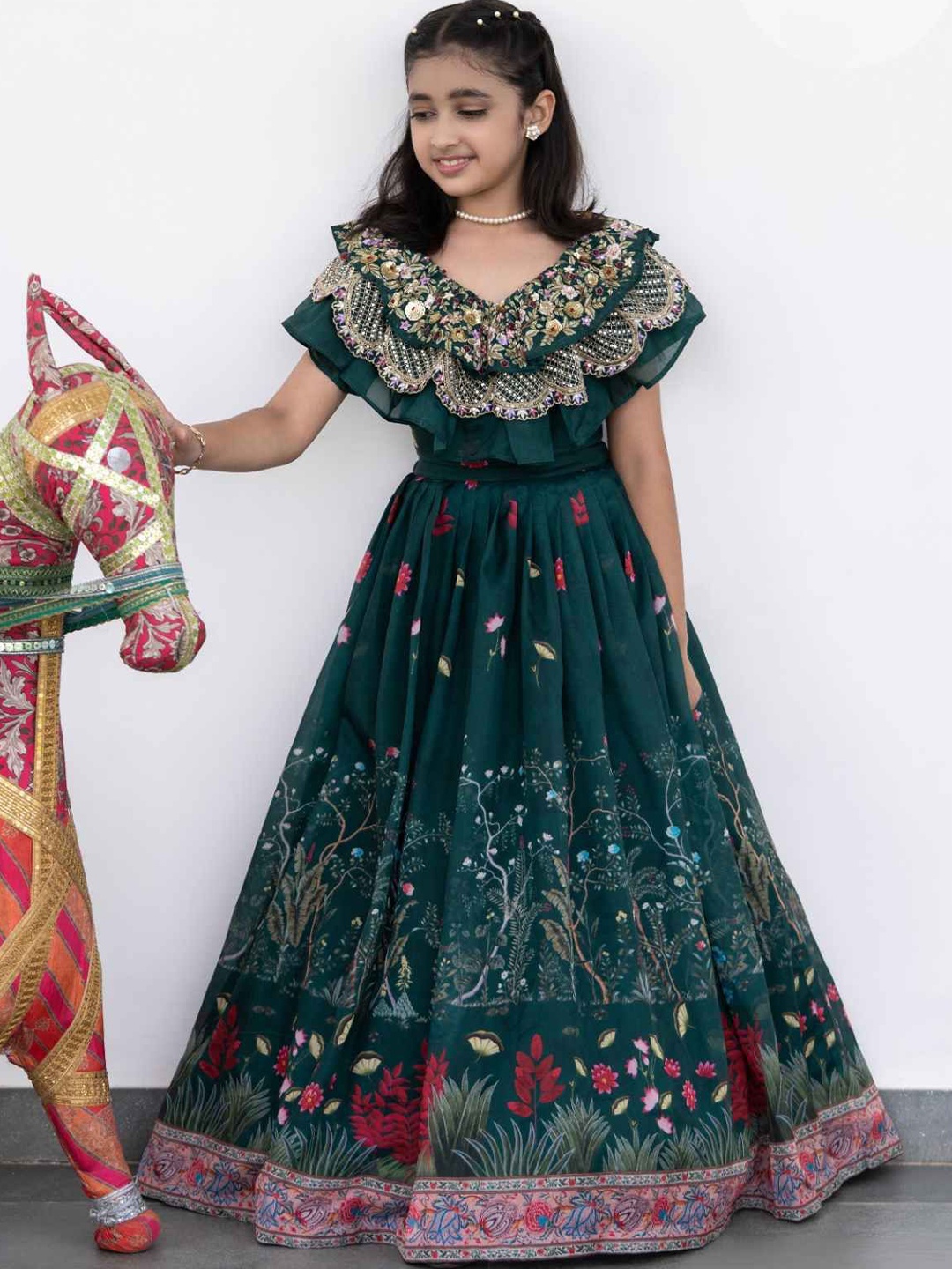 

Lagorii Luxe Girls Embroidered Ready to Wear Lehenga & Blouse With Dupatta, Green