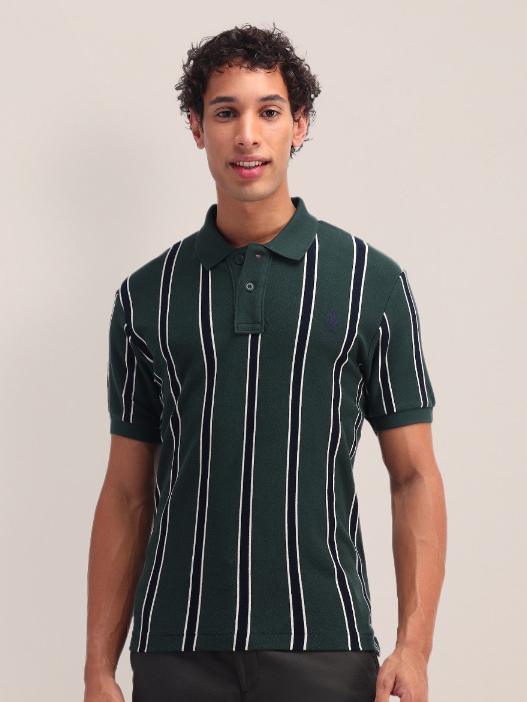 

U.S. Polo Assn. Men Striped Polo Collar Cotton Slim Fit T-shirt, Green