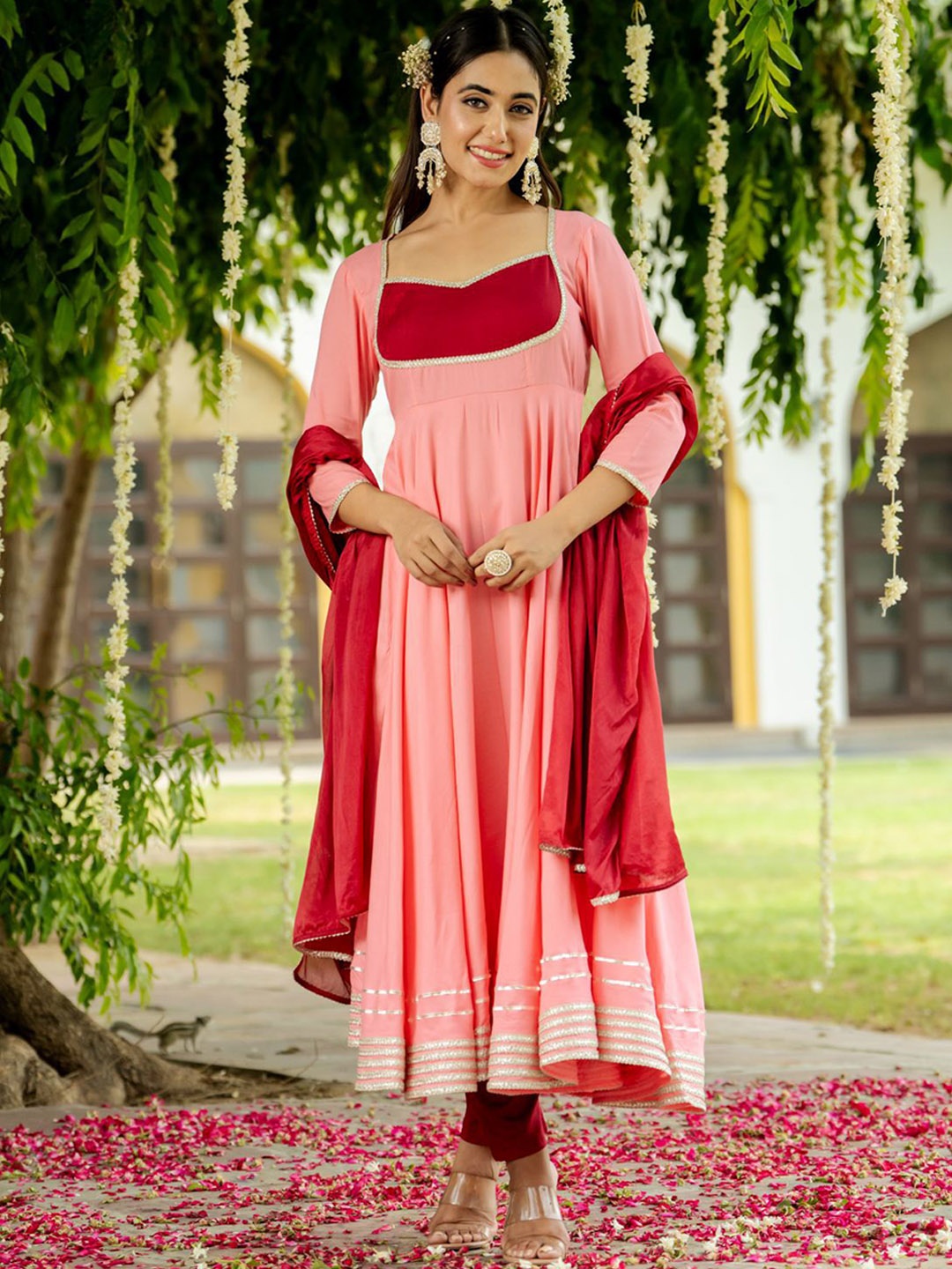 

Anni Designer Empire Sweetheart Neck Anarkali Kurta With Trousers And Dupatta, Peach