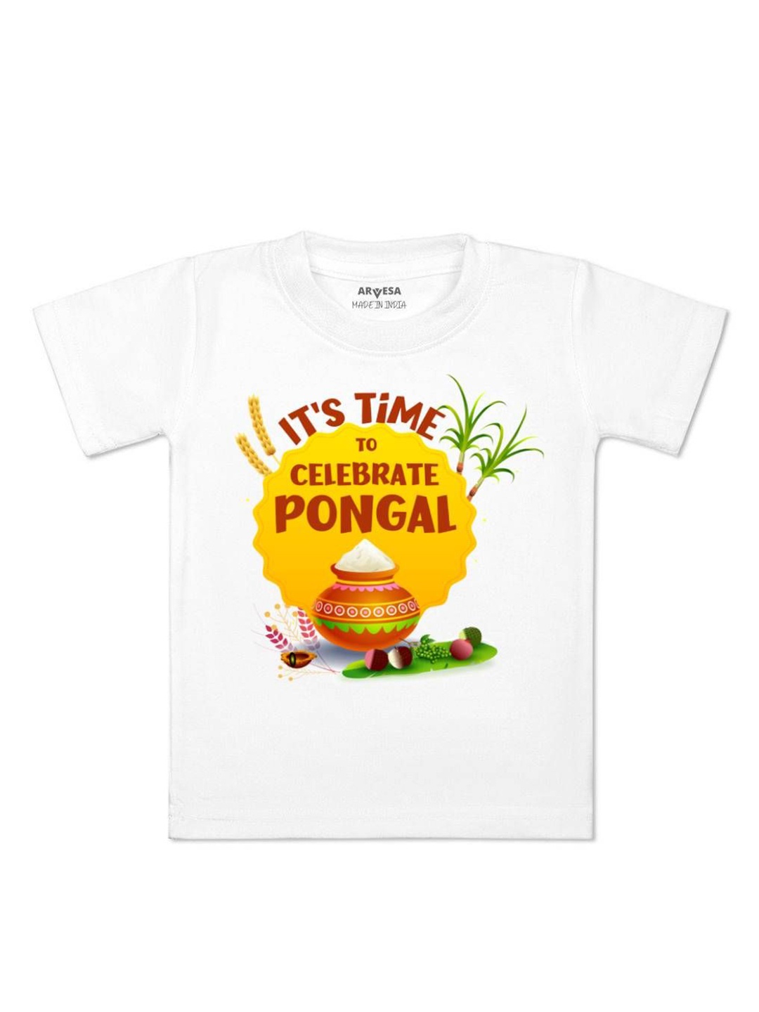 

Arvesa Time To Celebrate Pongal Printed Kids Unisex T-shirt, White