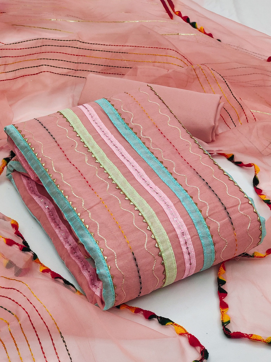 

SAINOOR Striped Embroidered Semi-Stitched Dress Material, Pink