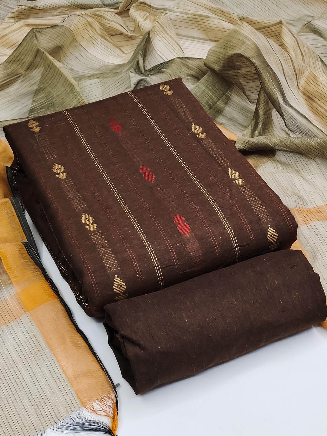 

SAINOOR Ethnic Motifs Woven Design Unstitched Dress Material, Brown