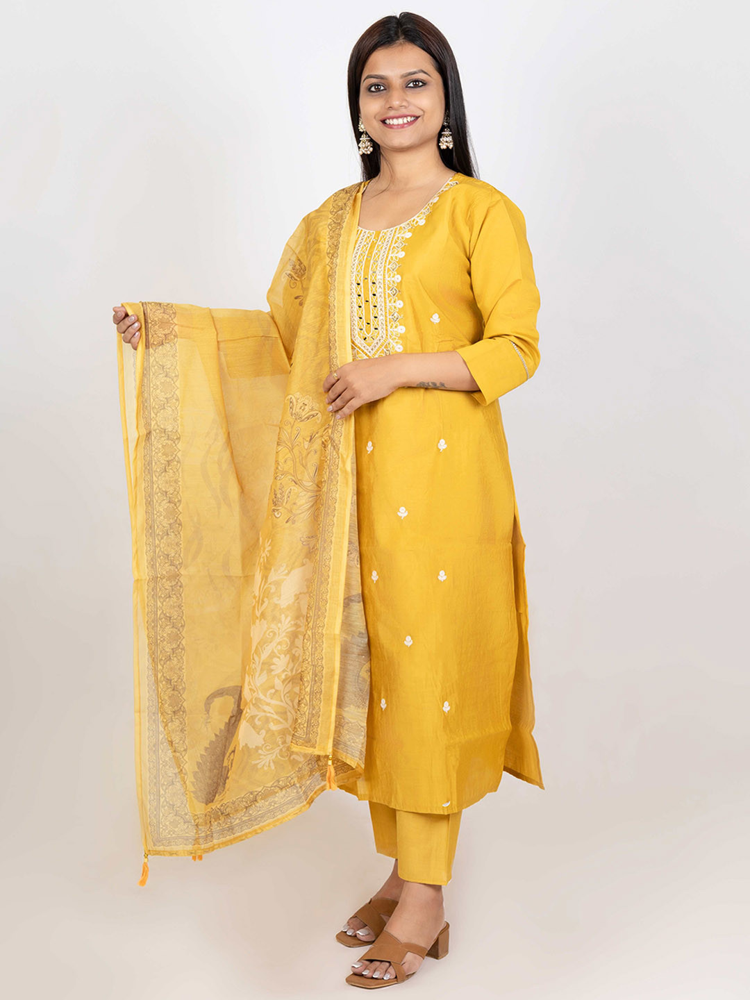 

The Kalakriti House Floral Embroidered Pure Silk Straight Kurta With Trousers & Dupatta, Mustard