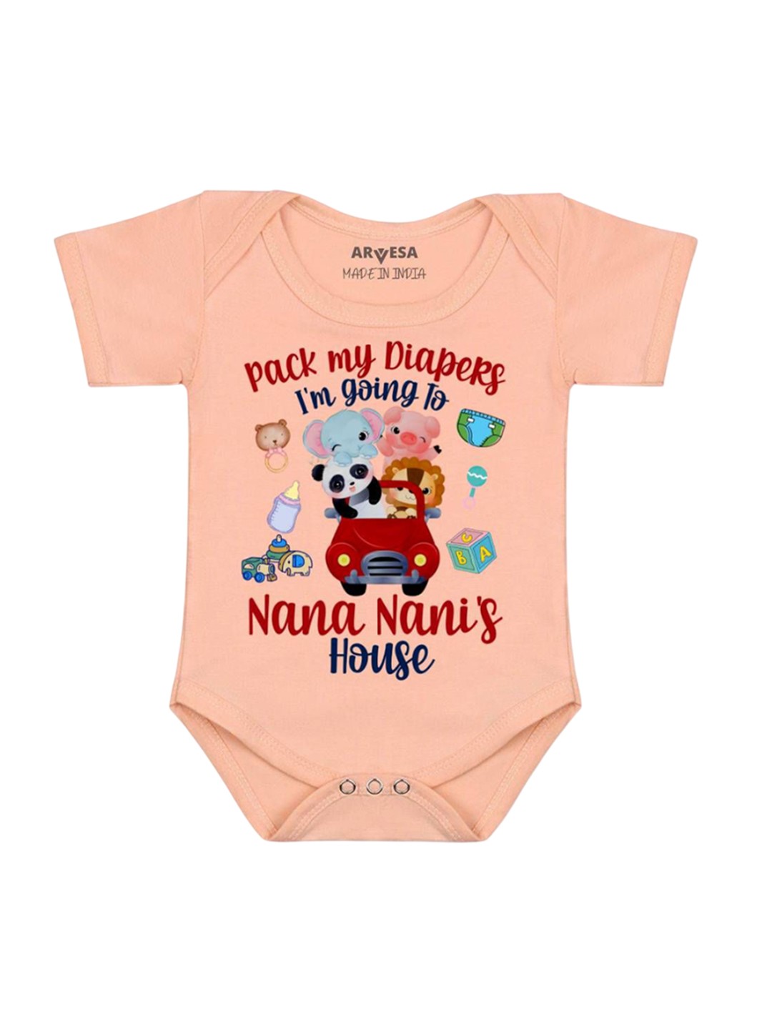 

Arvesa Kids I Am Going To Nana Nani House Printed Romper, Peach
