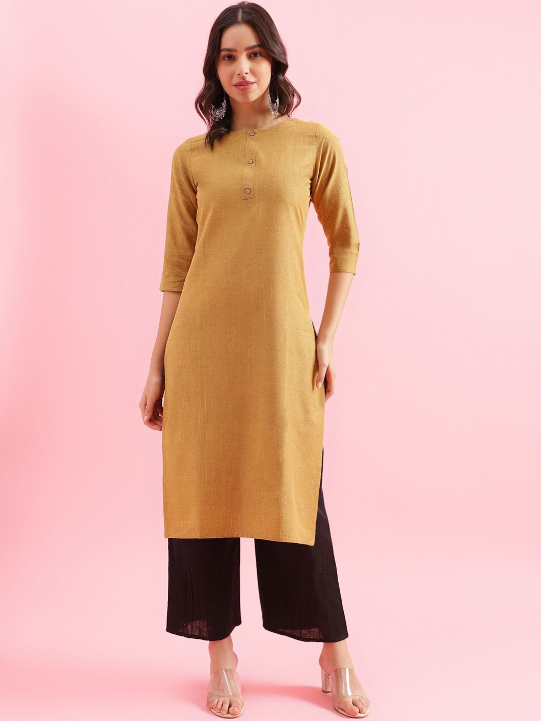 

Fourleaf Round Neck Cotton Straight Kurta, Mustard