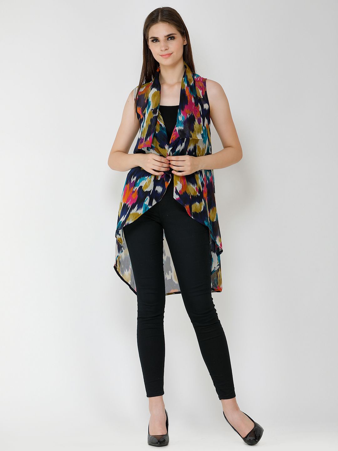 

Moda Rapido Abstract Printed V-Neck Open Front Shrug, Navy blue