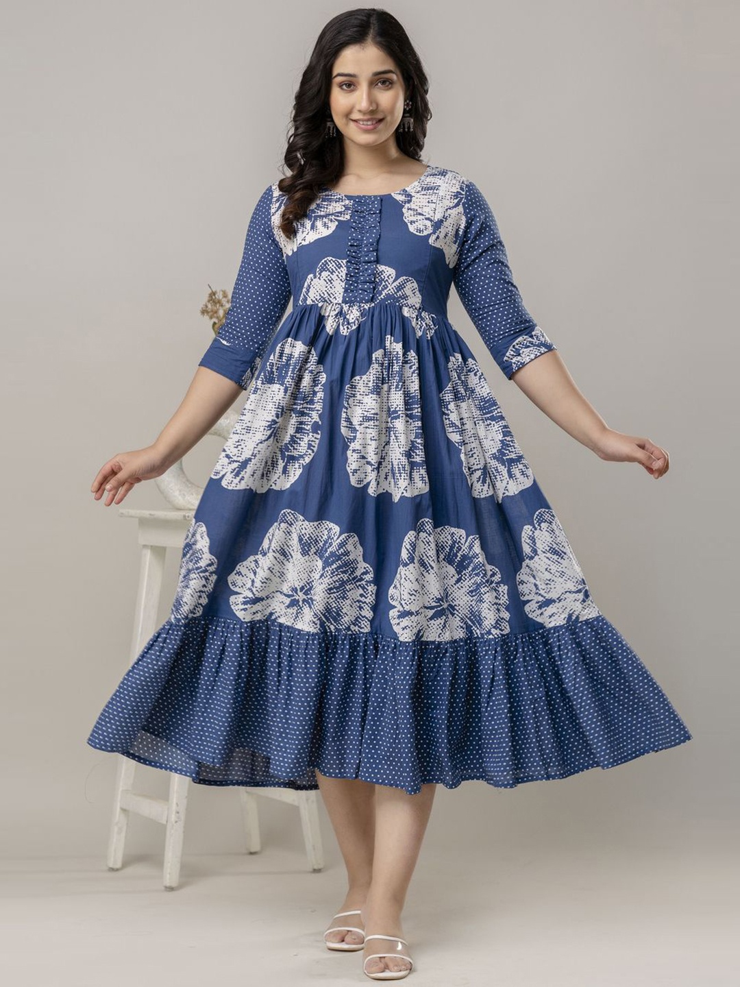 

Henal Floral Print Maternity Fit & Flare Midi Dress, Navy blue