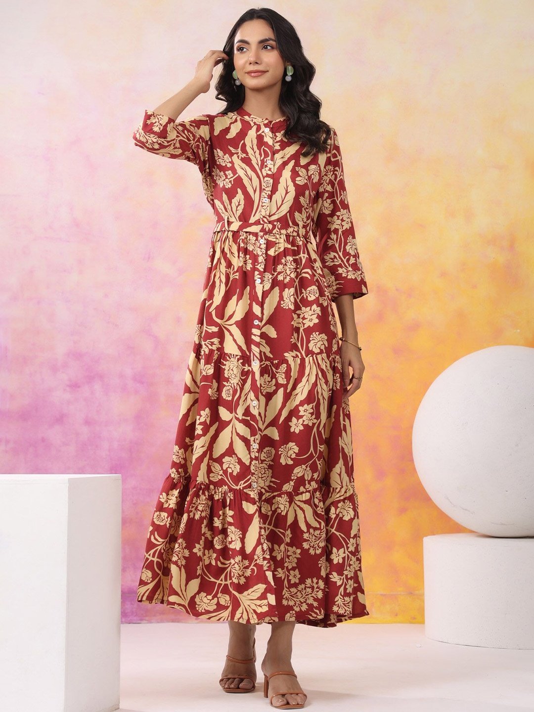 

JISORA Women Printed Russian Silk Dress, Maroon