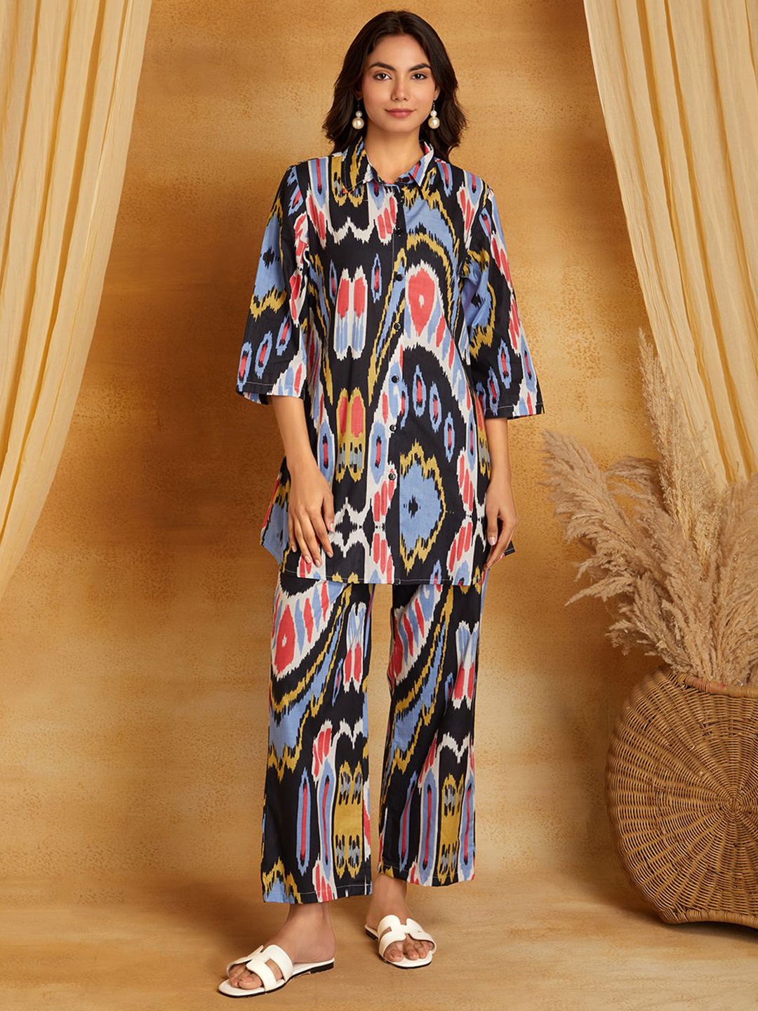 

Sanash Collection Autumn And Summer Printed Pure Cotton Tunic With Trousers Co-Ords Set, Black