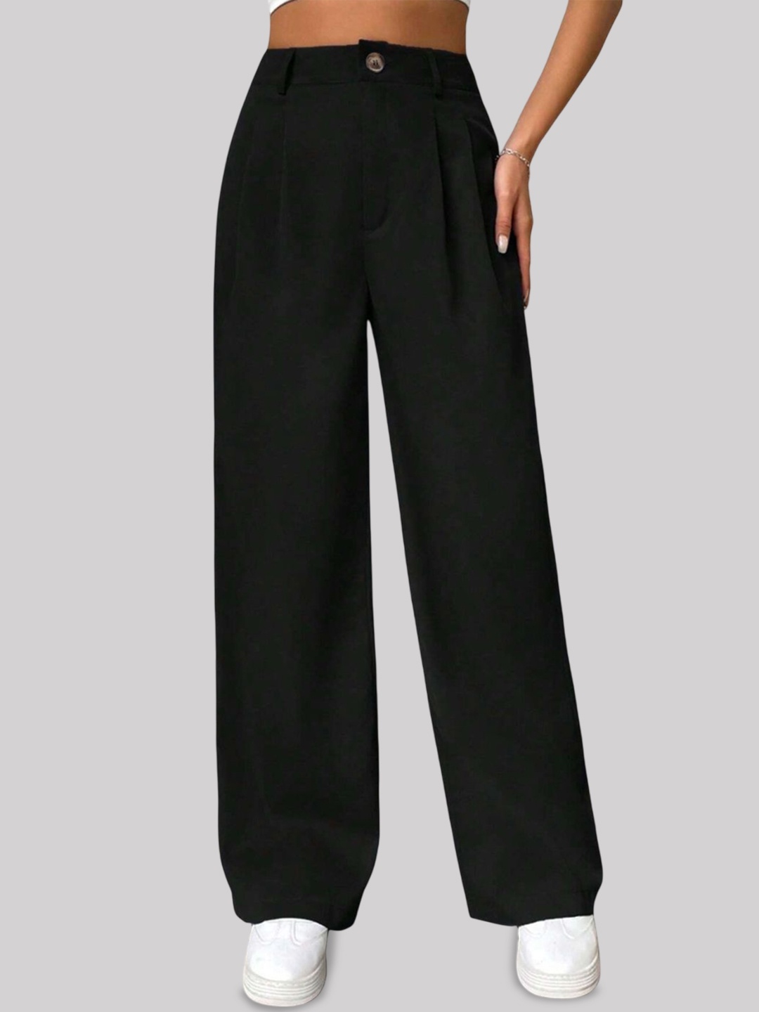 

FNOCKS Women Relaxed Straight Leg Mom Fit High-Rise Trousers, Black