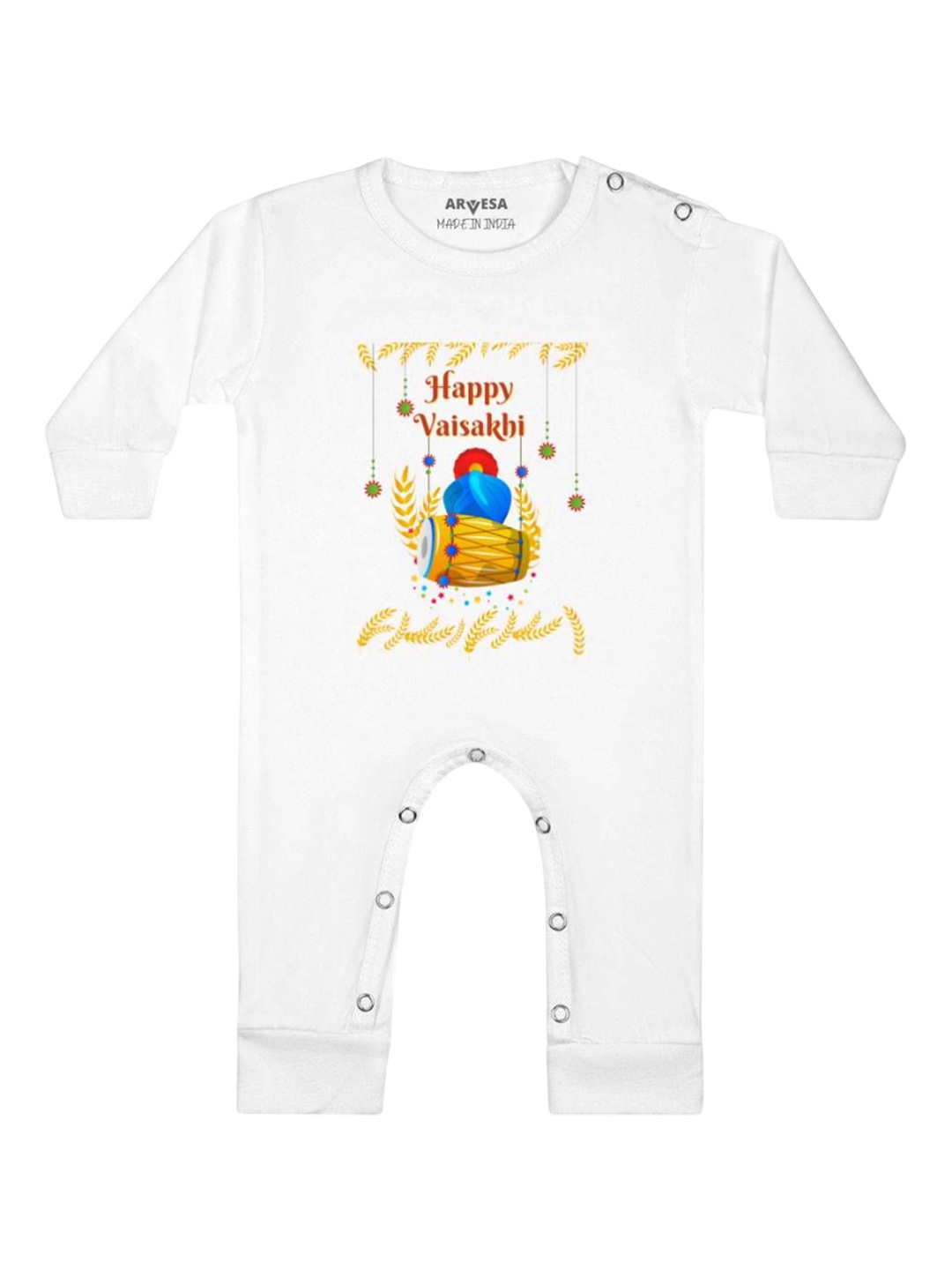 

Arvesa Happy Baisakhi Printed Baby Romper, White