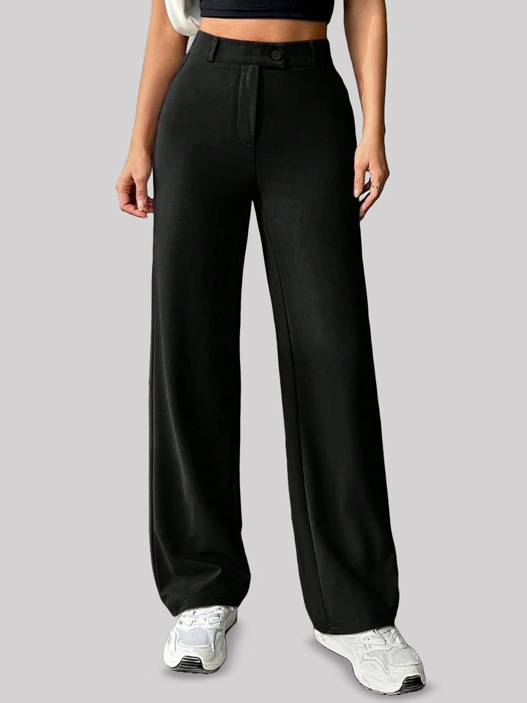 

FNOCKS Women Relaxed Straight Leg Flared High-Rise Trousers, Black