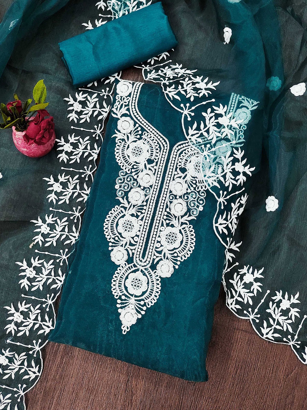 

SAINOOR Floral Embroidered Organza Semi-Stitched Dress Material, Teal