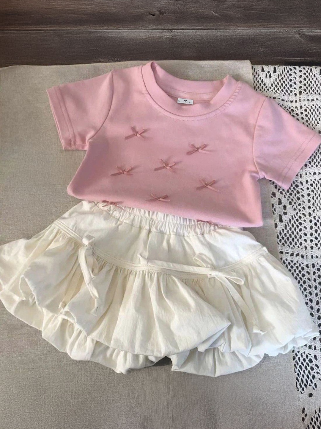 

FOREVER FRIDAY Girls Short Sleeves Pure Cotton Top With Skirt, Pink
