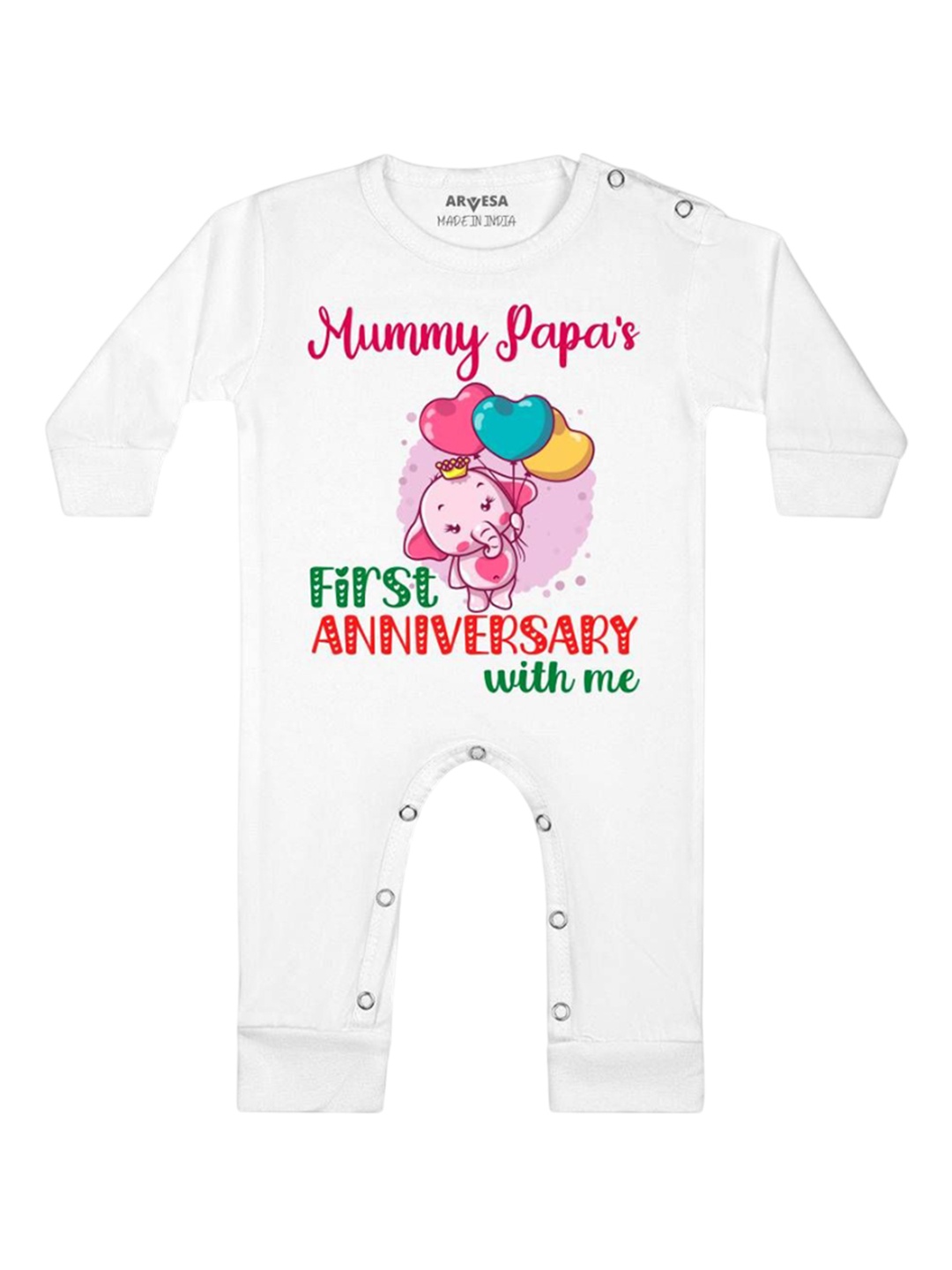 

Arvesa Kids Mummy Papa First Anniversary With Me Printed Baby Romper, White